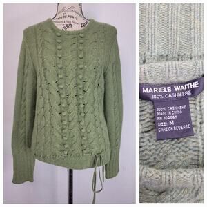 Mariele Waithe 100% Cashmere Crewneck Cable Knit Sweater Size M Pompoms Green